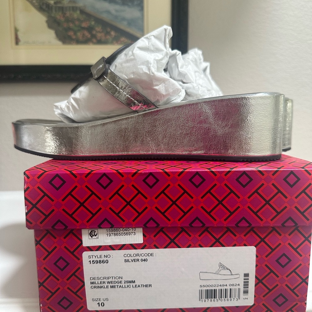 Wore 2hours! Like New/In box! Tory Burch metallic Silver Wedge sandals. - Picture 3 of 12
